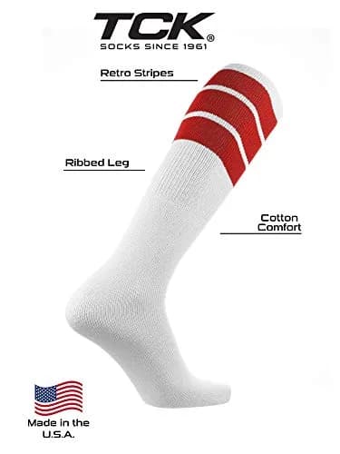 TCK Retro 3 Stripe Tube Socks (Red, Large) | Classic 70's Athletic Style for Men & Women thumbnail 4
