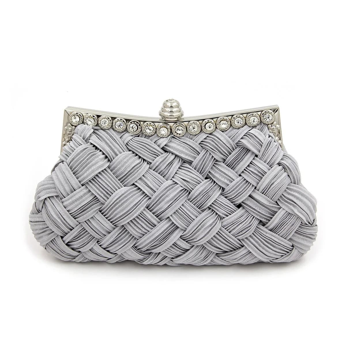 TrendsBlue Elegant Braided Pleated Glitter Rhinestone Clutch, Cream | Versatile Night Out Accessory — Sliver Grey