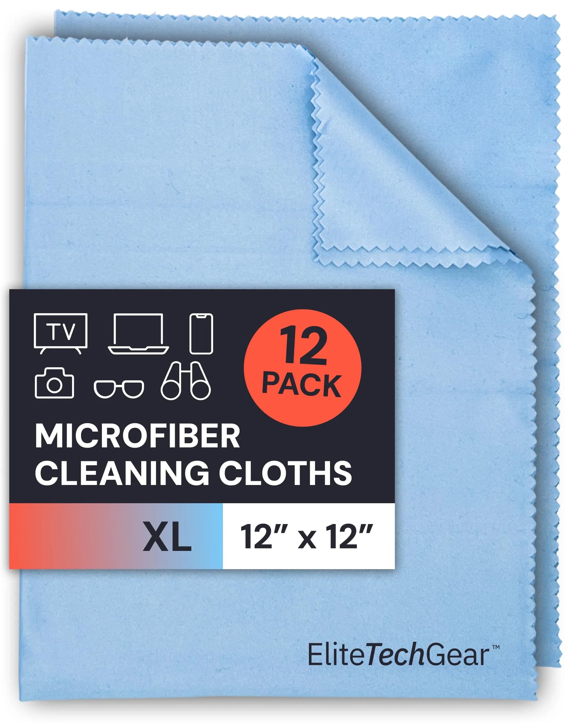 Elite Tech Gear Microfiber Eyeglass Cleaning Cloth, 12-Pack Blue, 12x12 | Streak-Free, Safe for Coated Lenses
