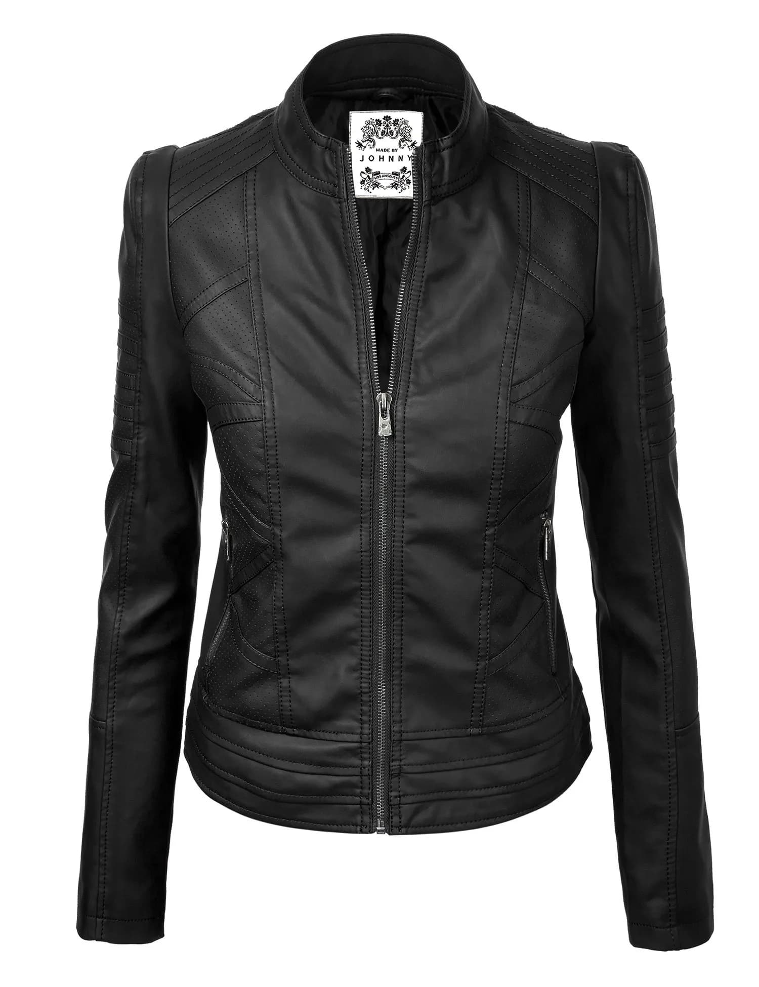 Made By Johnny WJC746 Womens Vegan Leather Motorcycle Jacket S Black | Fitted, Lightweight, Faux Leather — Wjc746_black / Small