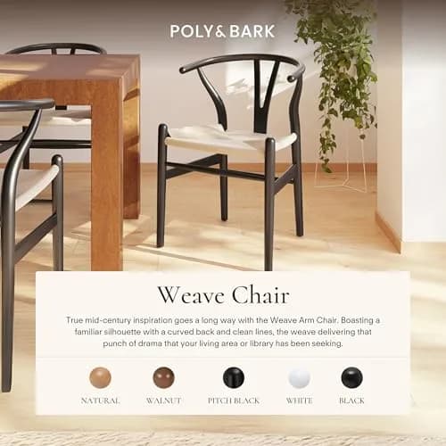 POLY & BARK Weave Dining Chair – Mid-Century Modern Wishbone Chair with Arms, Solid Wood Frame, Indoor Use – Black – Single thumbnail 2
