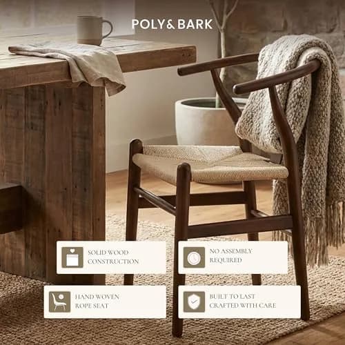 POLY & BARK Weave Dining Chair – Mid-Century Modern Wishbone Chair with Arms, Solid Wood Frame, Walnut, Single thumbnail 4