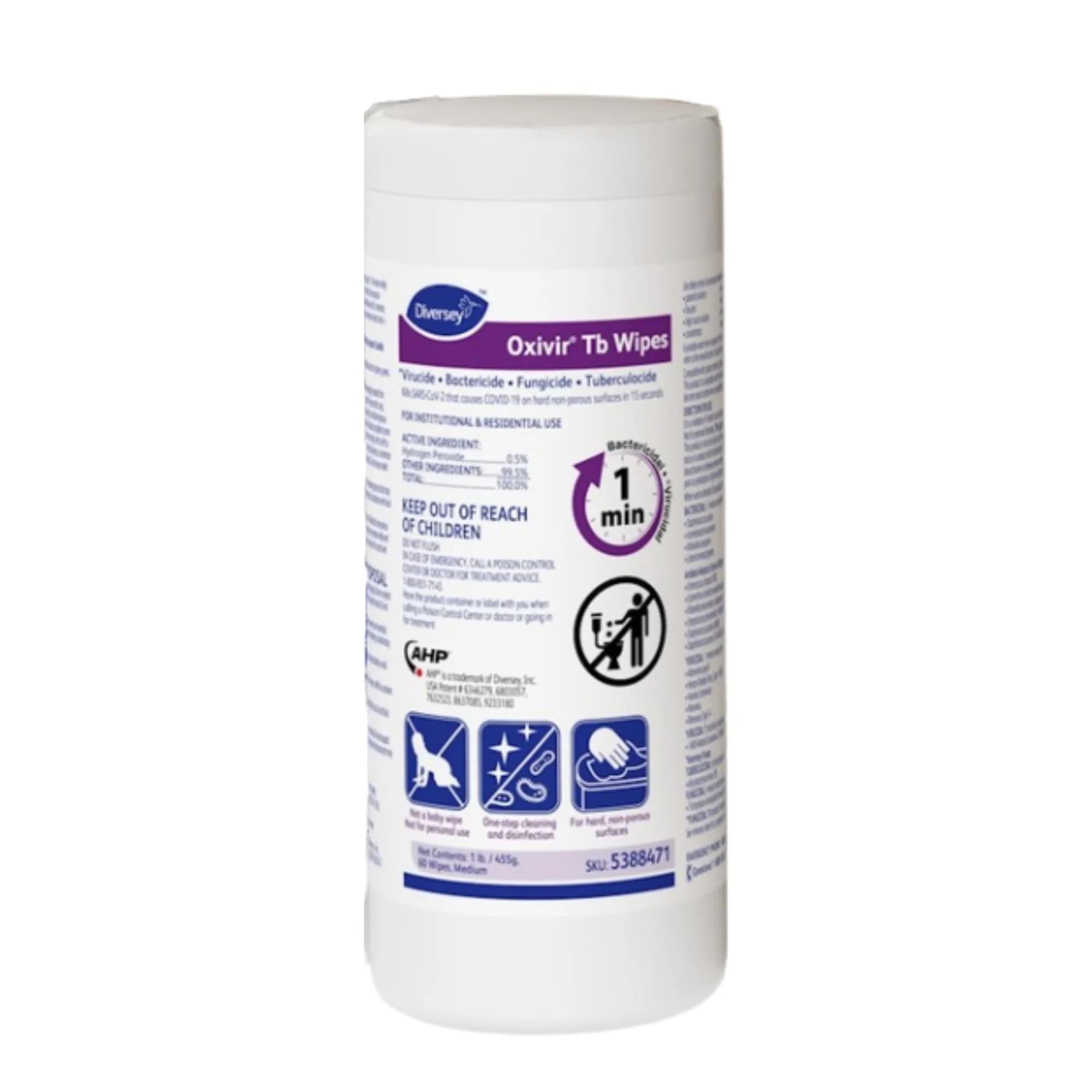 Oxivir Diversey Tb Disinfectant Wipes, 60 Count Canister | EPA Registered Hydrogen Peroxide Formula - main product image