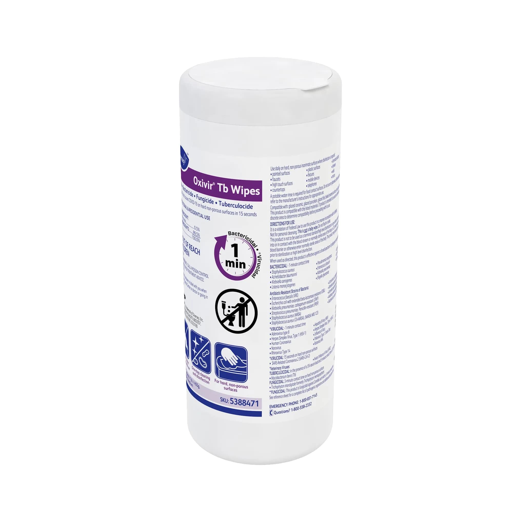 Oxivir Diversey Tb Disinfectant Wipes, 60 Count Canister | EPA Registered Hydrogen Peroxide Formula - view 2