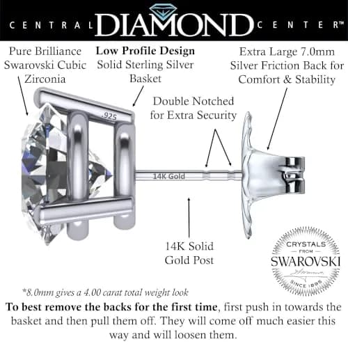 Central Diamond Center 14K Gold Post Martini Stud Earrings 8.00mm 4.00cttw | Hypoallergenic Diamond Look thumbnail 2