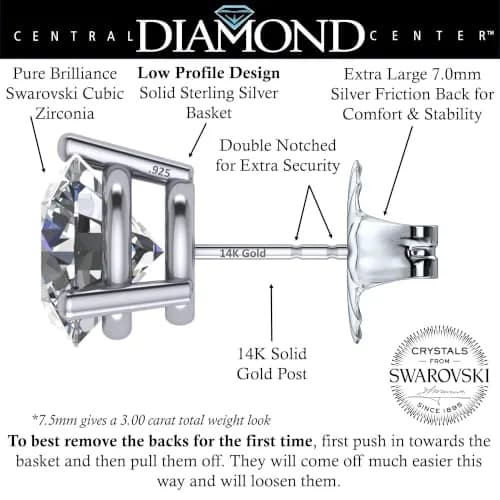 Central Diamond Center 14K Gold Post Martini Stud Earrings 7.50mm | Platinum Plated & 3.00cttw thumbnail 2