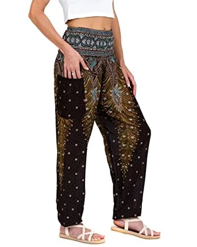 LOFBAZ Harem Pants for Women Yoga Boho Hippie Clothing | Flowy Rayon, Brown Peacock, Size M thumbnail 1