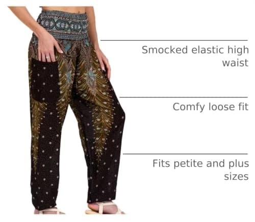 LOFBAZ Harem Pants for Women Yoga Boho Hippie Clothing | Flowy Rayon, Brown Peacock, Size M thumbnail 4