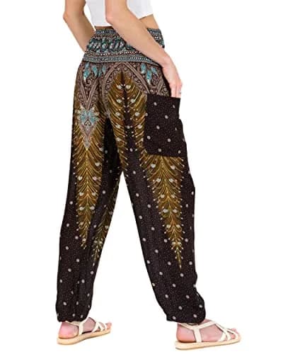 LOFBAZ Harem Pants for Women Yoga Boho Hippie Clothing | Flowy Rayon, Brown Peacock, Size M thumbnail 2