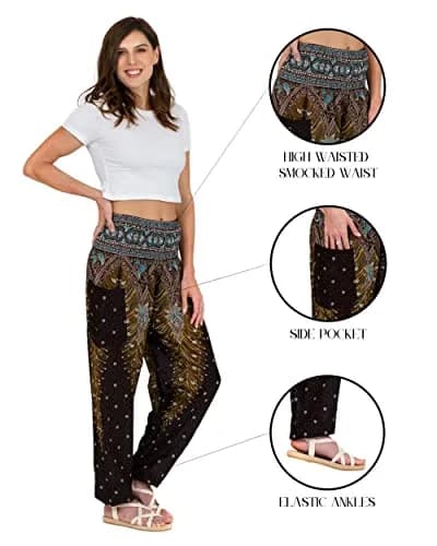 LOFBAZ Harem Pants for Women Yoga Boho Hippie Clothing | Flowy Rayon, Brown Peacock, Size M thumbnail 3