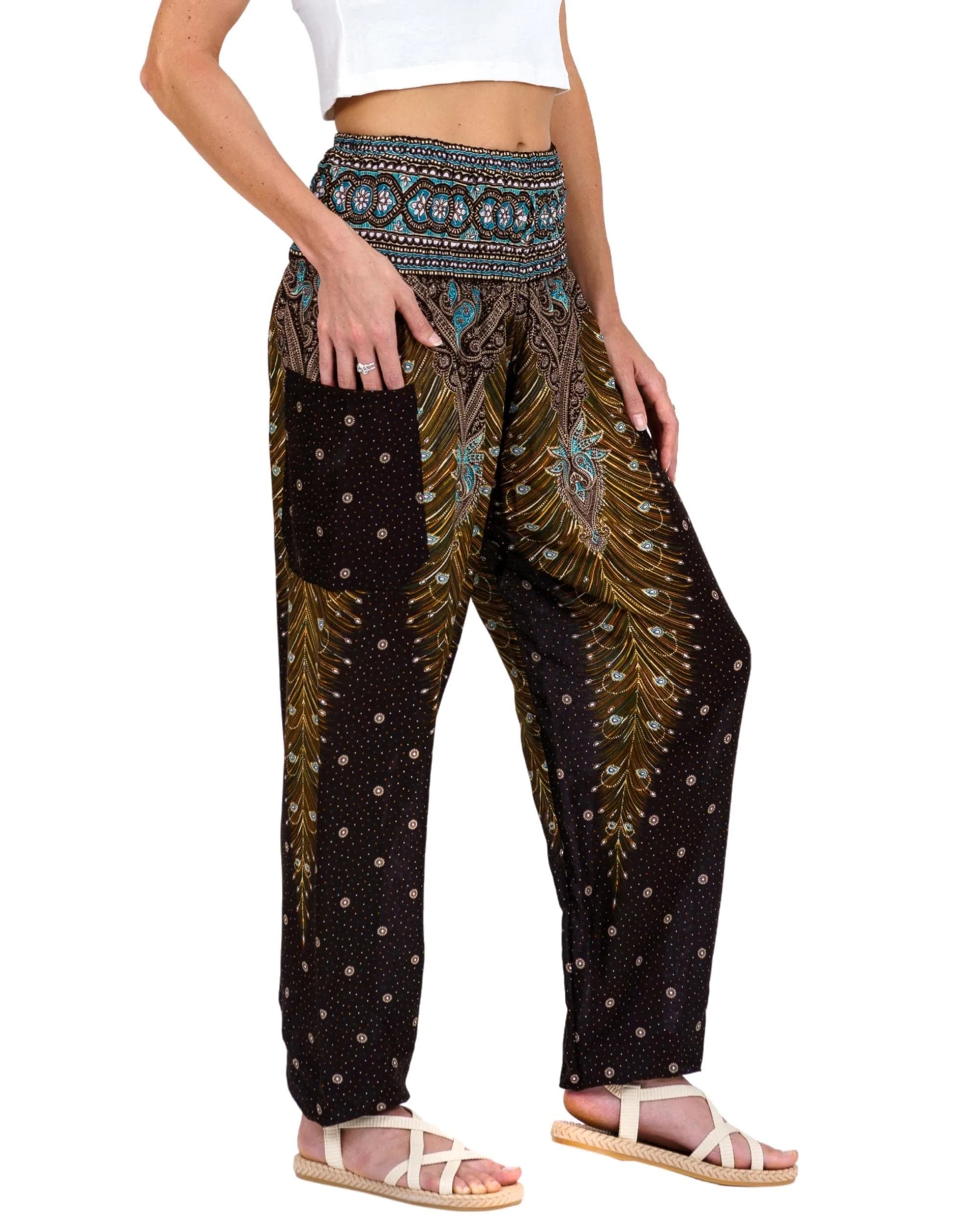 LOFBAZ Harem Pants for Women Yoga Boho Hippie Clothing | Flowy Rayon, Brown Peacock, Size M - main product image