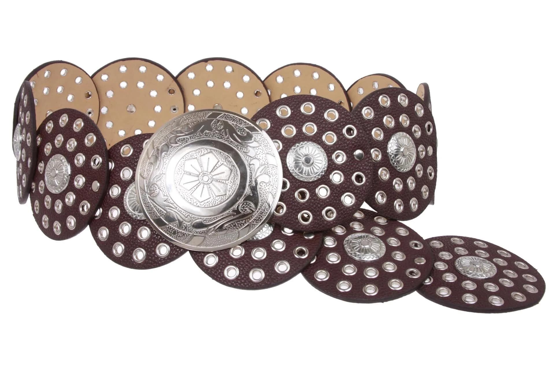 Beltiscool Women's Boho Disc Concho Leather Belt 3.5" Wide Brown | Stylish Cowgirl Accessory