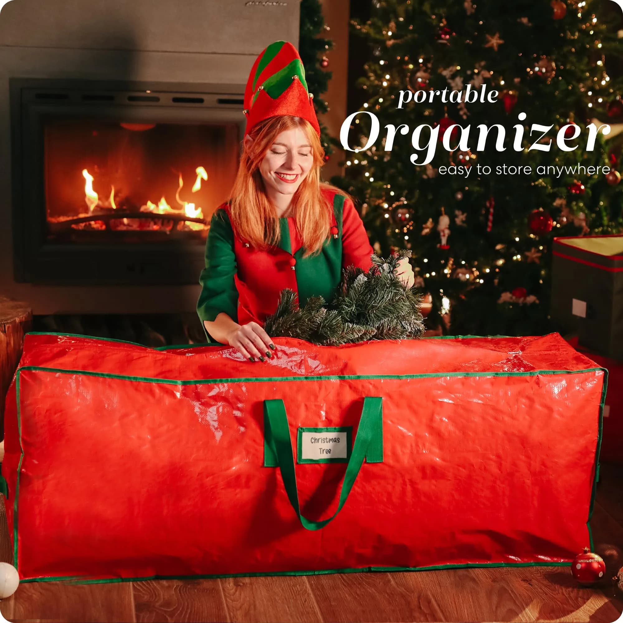 Handy Laundry Red Christmas Tree Storage Bag | Stores 7.5 Foot Artificial Holiday Trees, Durable Waterproof Material, Zippered Bag, Carry Handles - view 7