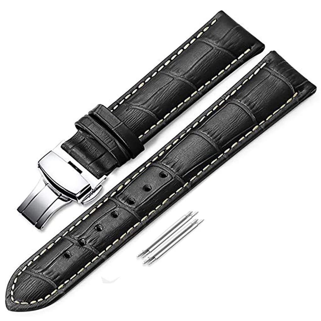 iStrap 18mm Alligator Grain Leather Watch Band with Deployment Clasp | Classic Elegance for Men & Women — Black/Tan Stitch-Silver