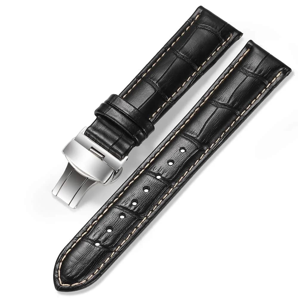 iStrap 20mm Leather Watch Band with Deployment Clasp | Classic Alligator Grain Calfskin Strap — Black/Tan Stitch-Silver