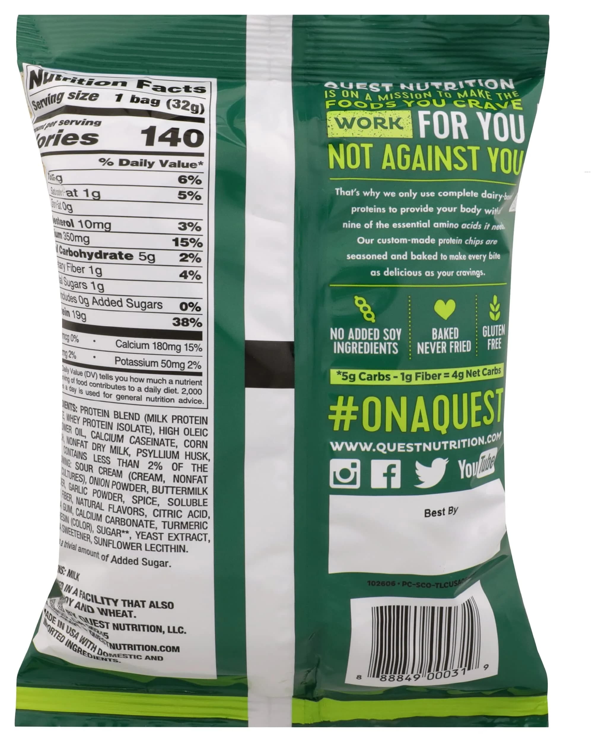 Quest Sour Cream & Onion Protein Chips with 21g Protein, 1.2oz Bag | High Protein, Low Carb, Gluten Free - view 2