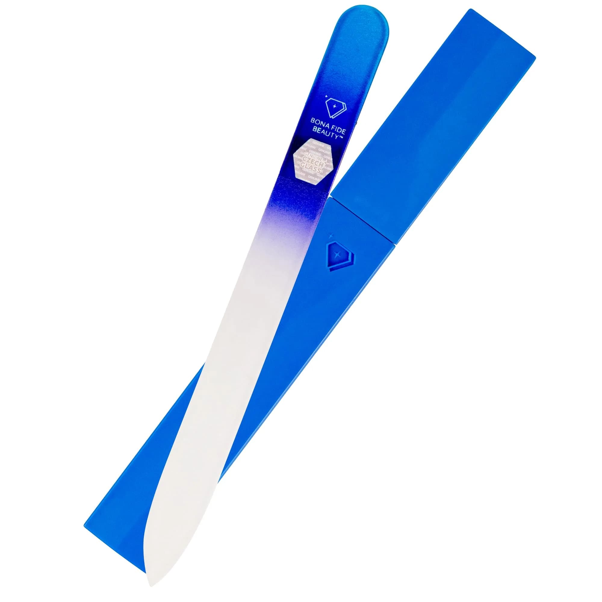 BONA FIDE BEAUTY Glass Nail File with Case (Aqua Cobalt) | Czech Handmade Fine Grit Nail Tool