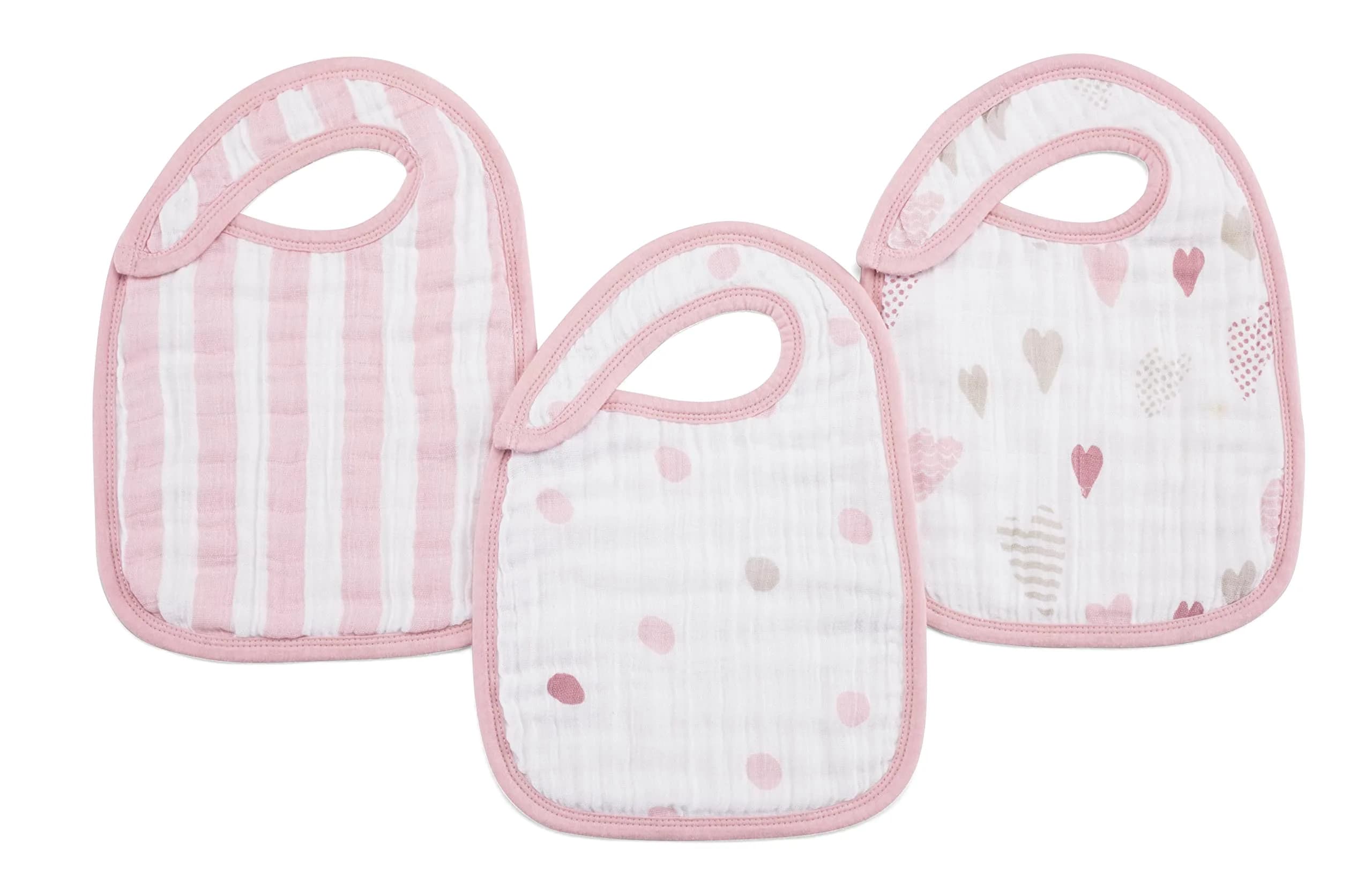 aden + anais Cotton Muslin Snap Bibs 3-Pack Pink | Soft, Absorbent, and Great Size/Shape — Heart Breaker