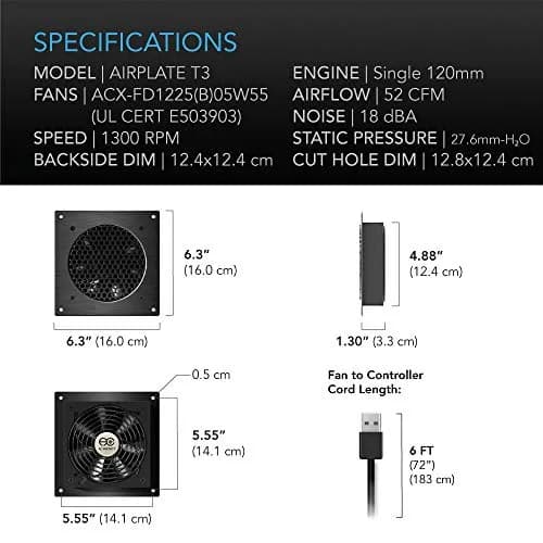 AC Infinity AIRPLATE T3 Quiet Cabinet Cooling Fan System 6" (16cm) with Smart Controller | 52 CFM Airflow, 18 dBA Noise, Dual Ball Bearings thumbnail 6