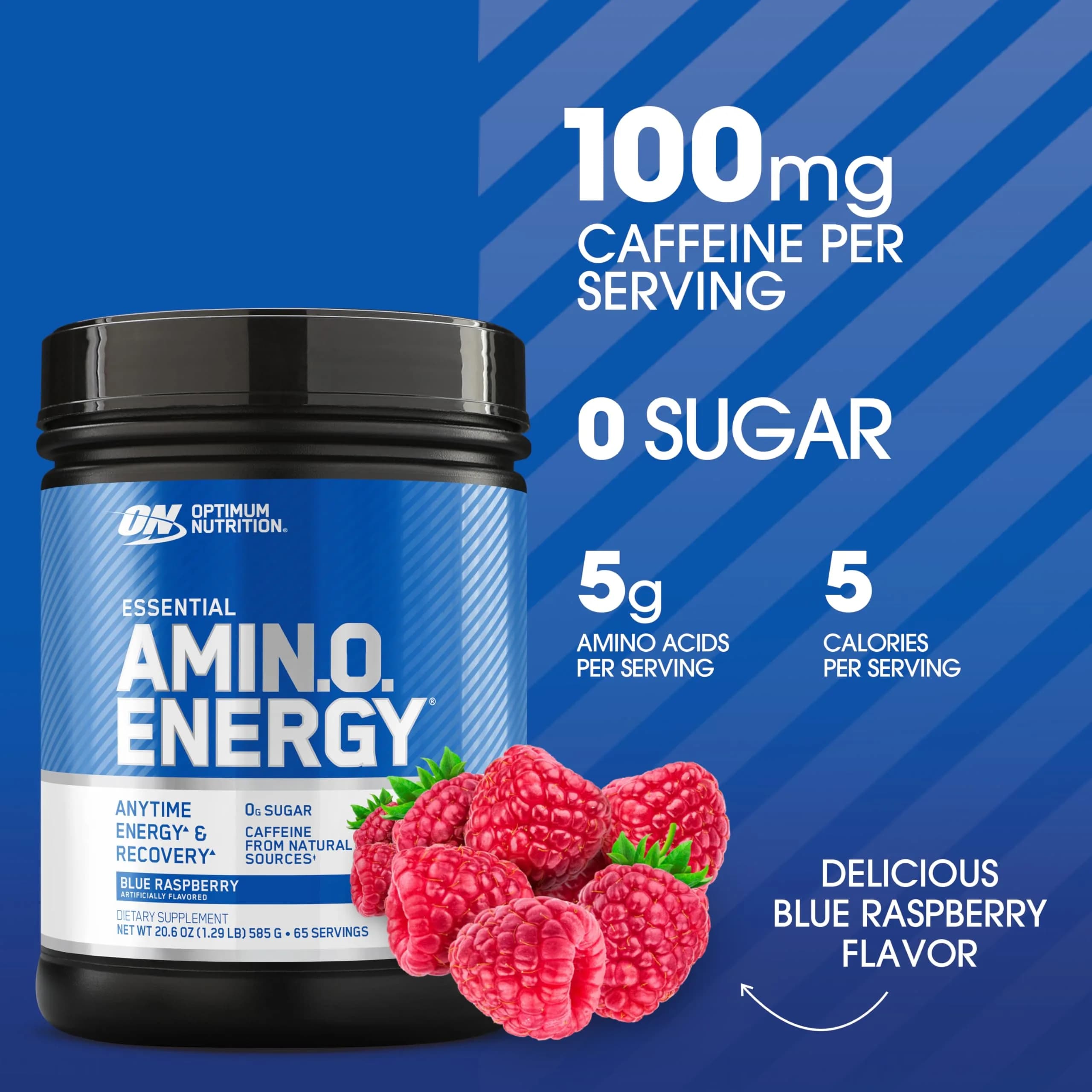Optimum Nutrition Amino Energy Blue Raspberry Powder | 5g Amino Blend, 100mg Caffeine, 65 Servings (20.6 oz / 584 g) - view 2