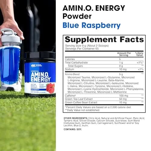 Optimum Nutrition Amino Energy Blue Raspberry Powder | 5g Amino Blend, 100mg Caffeine, 65 Servings (20.6 oz / 584 g) thumbnail 3