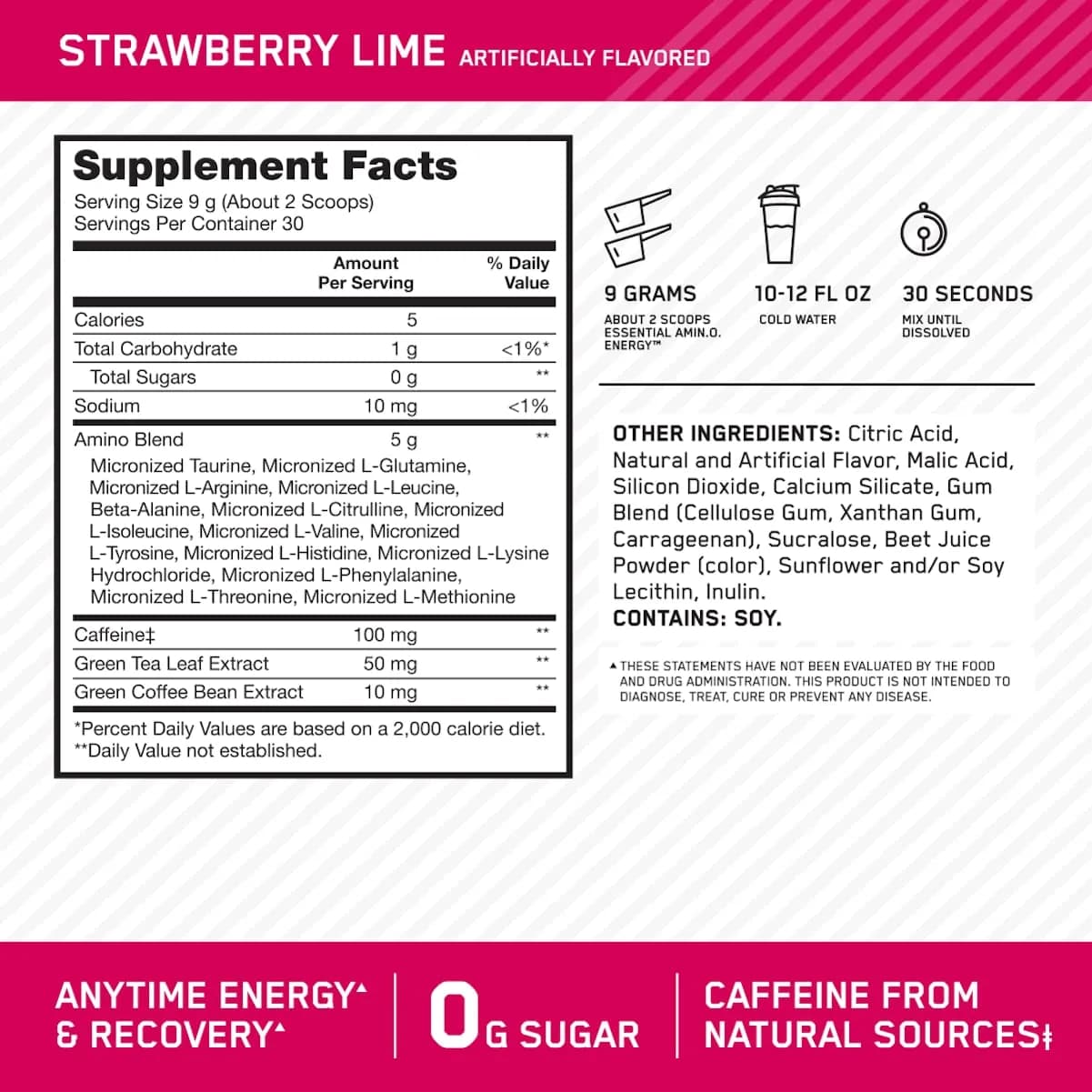 Optimum Nutrition Essential Amino Energy Powder, Strawberry Lime, 270 g (9.5 Oz) | Amino & Energy Blend - view 2