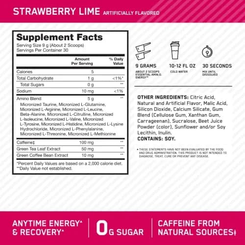 Optimum Nutrition Essential Amino Energy Powder, Strawberry Lime, 270 g (9.5 Oz) | Amino & Energy Blend thumbnail 2
