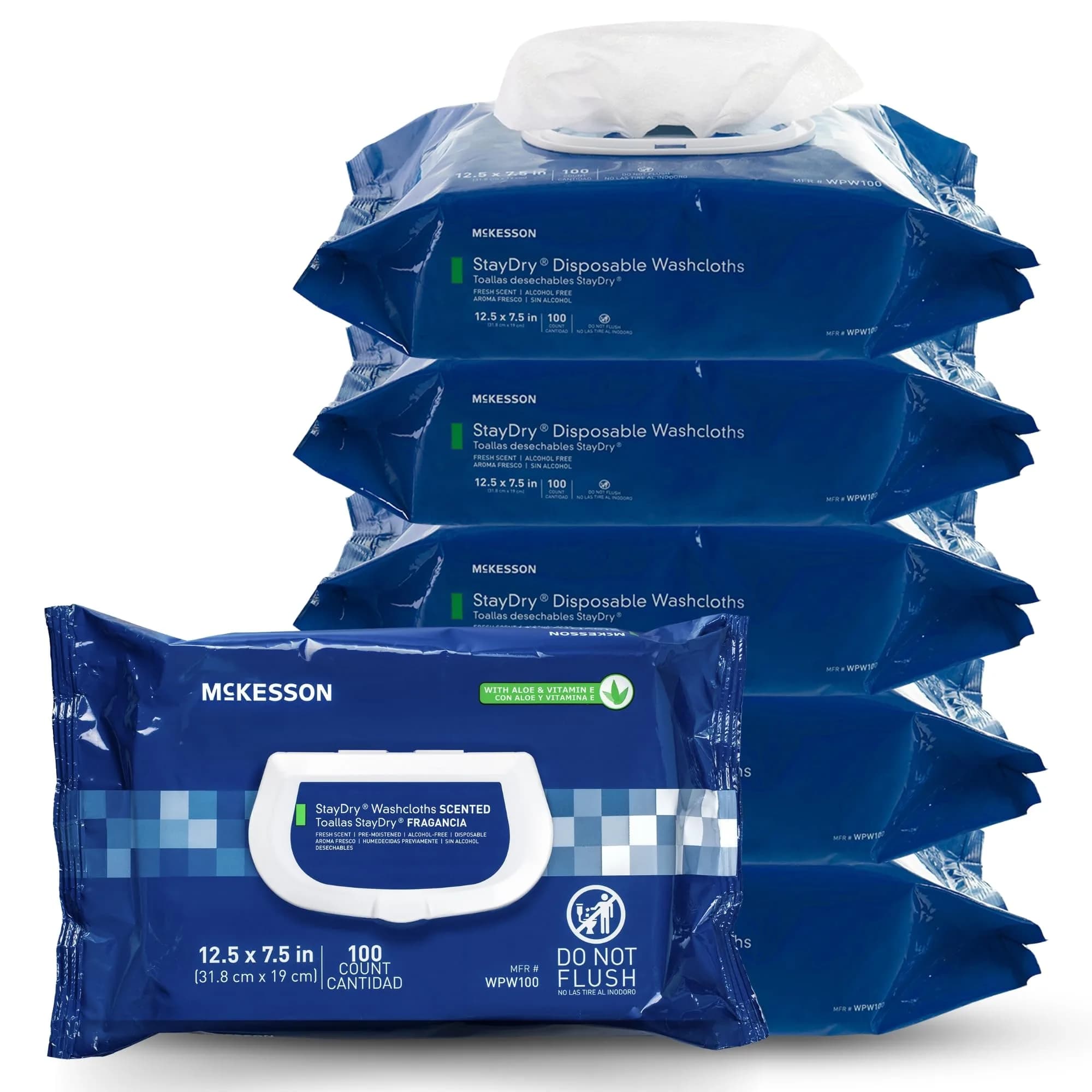 McKesson Staydry Disposable Washcloths with Aloe 100 Count | Pre-moistened, Aloe, Soft Pack, White — White