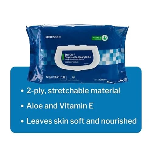 McKesson Staydry Disposable Washcloths with Aloe 100 Count | Pre-moistened, Aloe, Soft Pack, White thumbnail 3