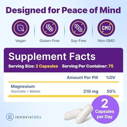 InnovixLabs 2in1 Magnesium Glycinate & Magnesium Malate 210mg | Supports Relaxation & Sleep, Vegan, 150 Capsules thumbnail 3
