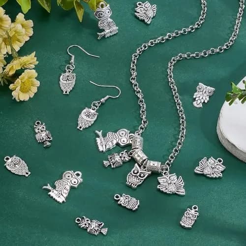 PH PandaHall 50pcs Tibetan Owl Charms Antique Silver | Mixed Style Animal Pendants for Jewelry Making thumbnail 4