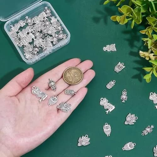 PH PandaHall 50pcs Tibetan Owl Charms Antique Silver | Mixed Style Animal Pendants for Jewelry Making thumbnail 3