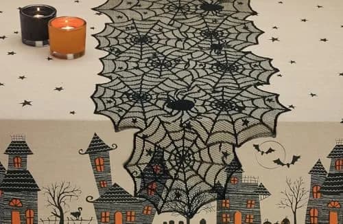 DII Black Lace Overlay Tabletop Collection Gothic Halloween Decor 18x72 | Spider Web thumbnail 2