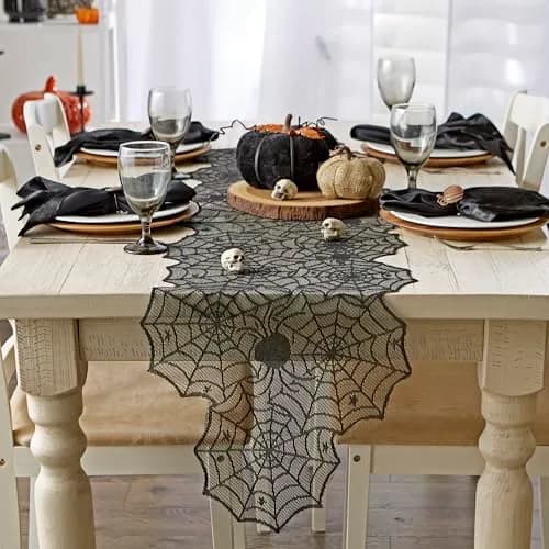 DII Black Lace Overlay Tabletop Collection Gothic Halloween Decor 18x72 | Spider Web thumbnail 3
