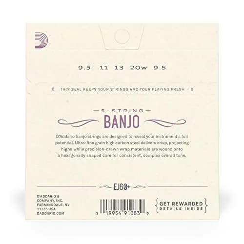 D'Addario EJ60+ Banjo Strings, Nickel-Plated Steel, Light Plus Gauge 9.5-20, 5-String Set (1 Set) thumbnail 3