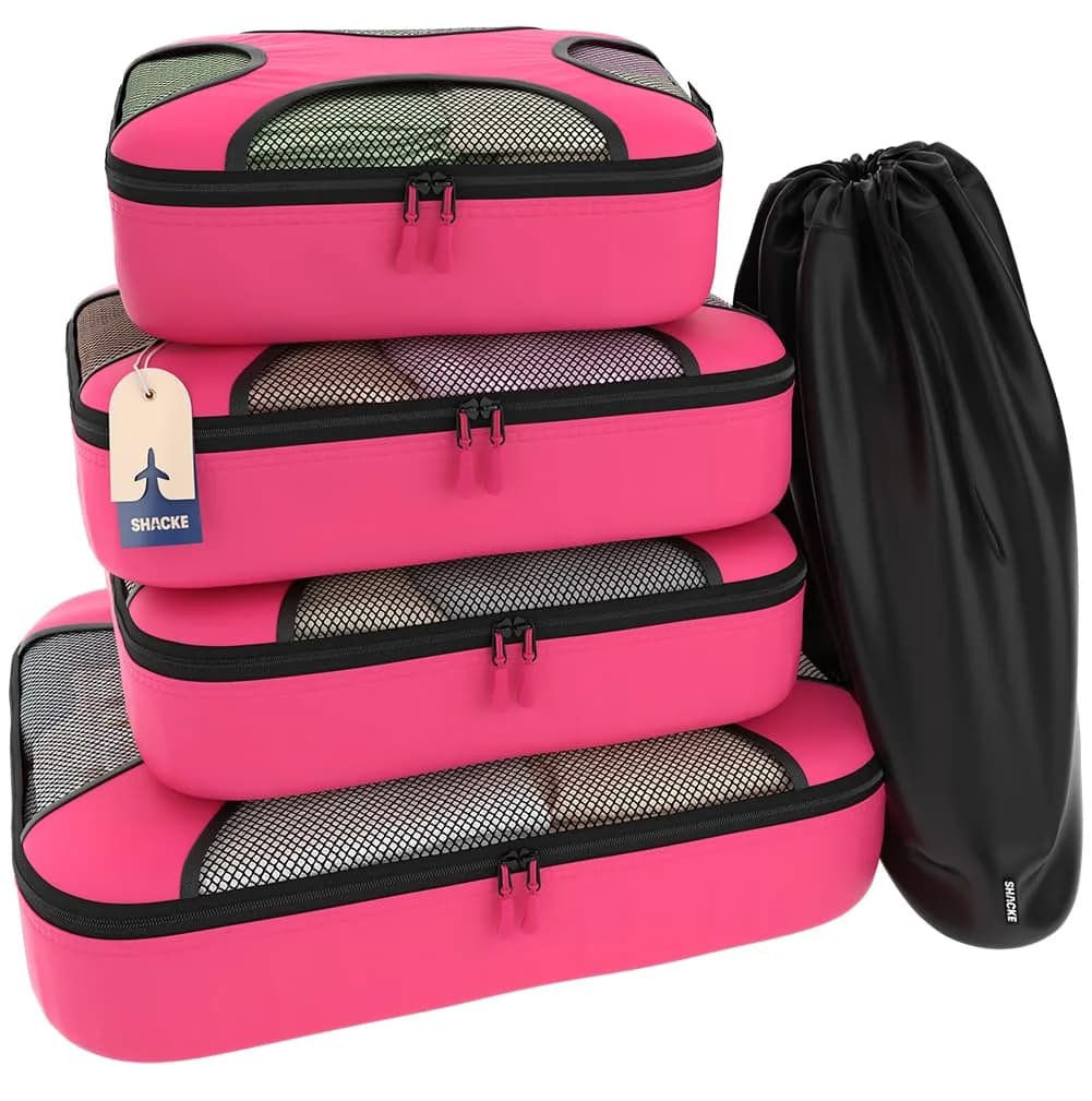 Shacke 5 Set Packing Cubes for Travel with Laundry Bag (Precious Pink) | Water-Resistant Nylon, 4 Deep Cubes, Laundry Separator