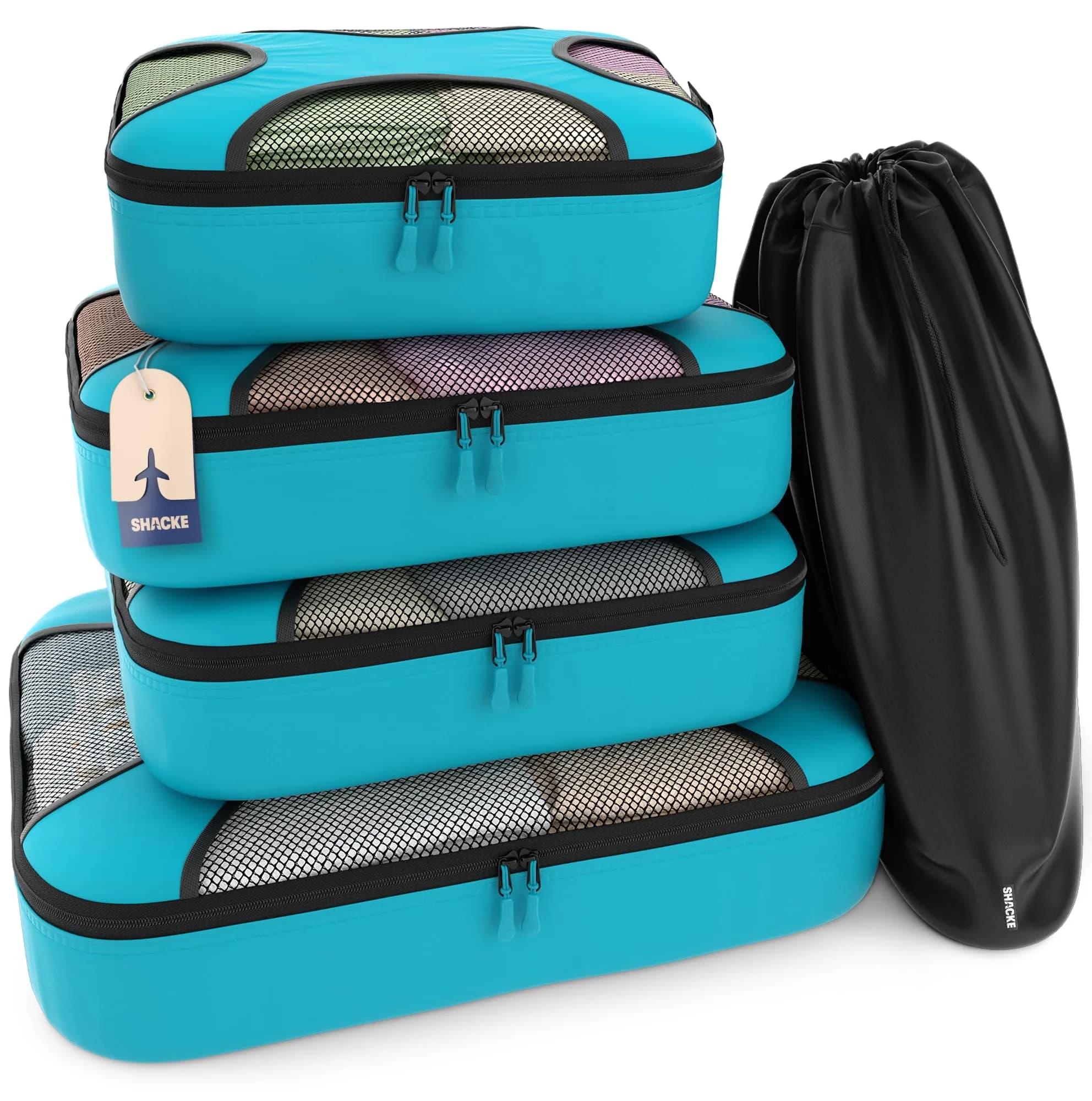 Shacke 5-Piece Packing Cube Set with Laundry Bag — Aqua Teal, 4-Inch Deep - main product image