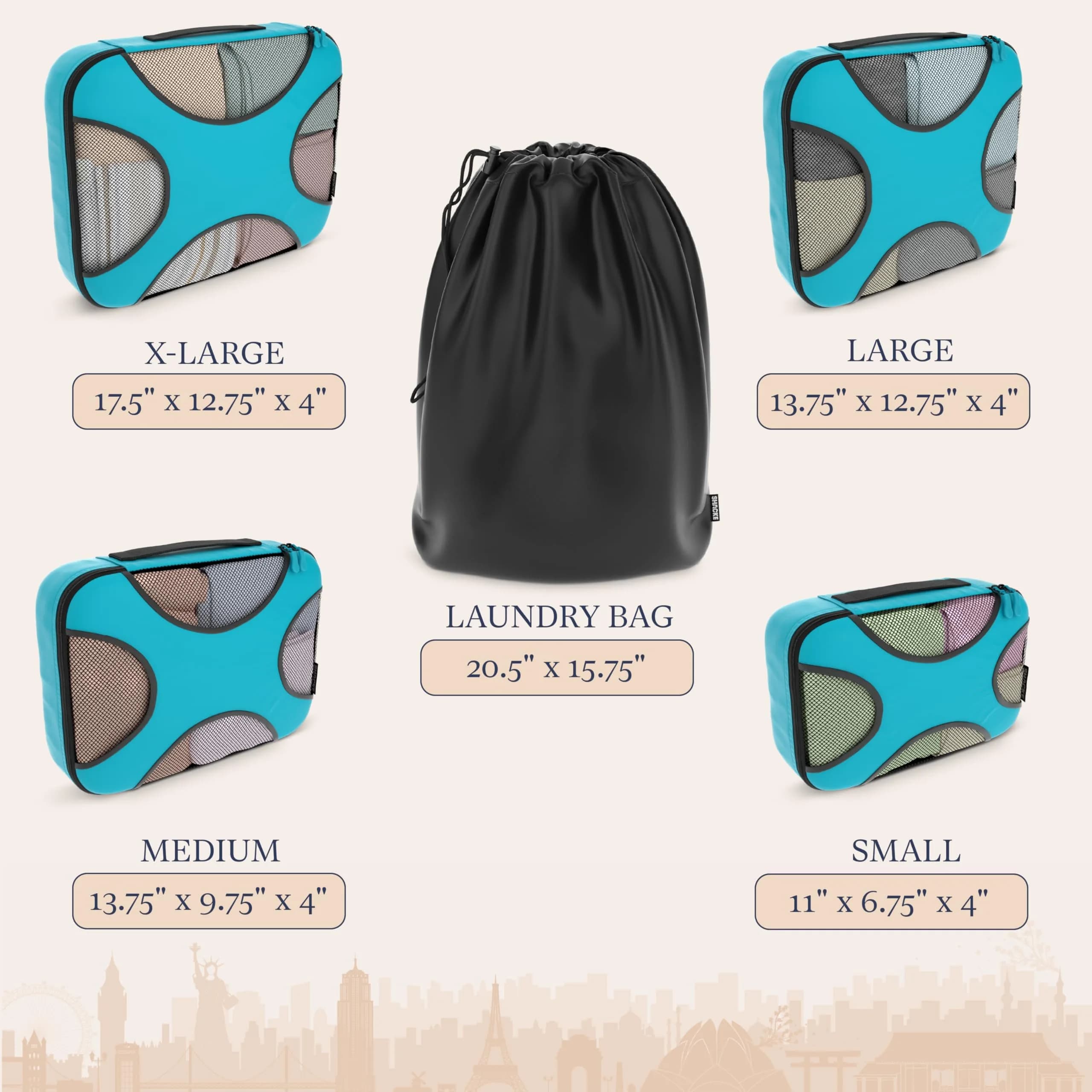 Shacke 5-Piece Packing Cube Set with Laundry Bag — Aqua Teal, 4-Inch Deep - view 4