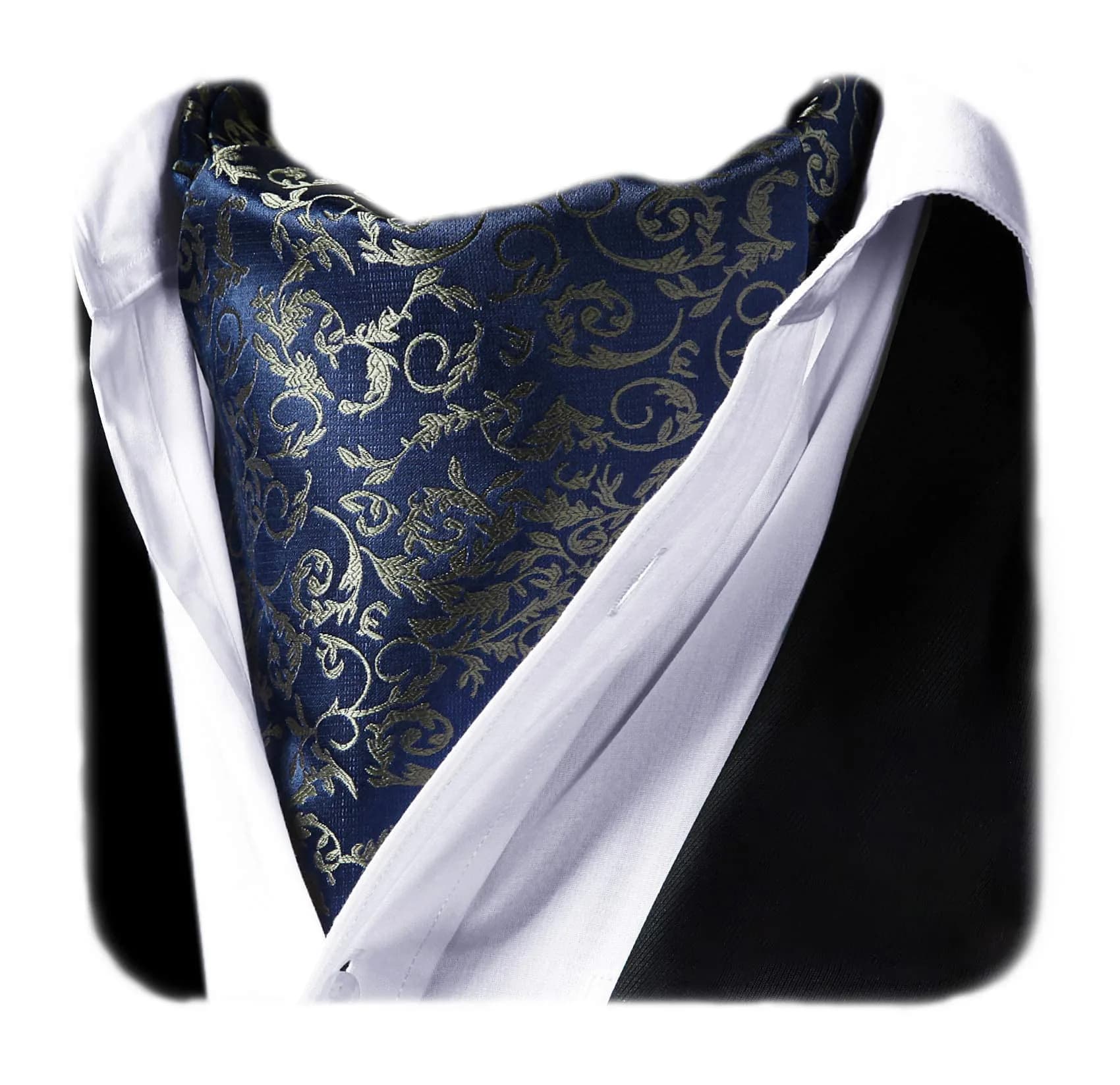 HISDERN Men's Floral Jacquard Woven Ascot Tie Set Navy Blue/Brown | 126cm (49.6") with Pocket Square - main product image