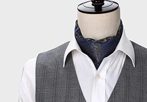 HISDERN Men's Floral Jacquard Woven Ascot Tie Set Navy Blue/Brown | 126cm (49.6") with Pocket Square thumbnail 8