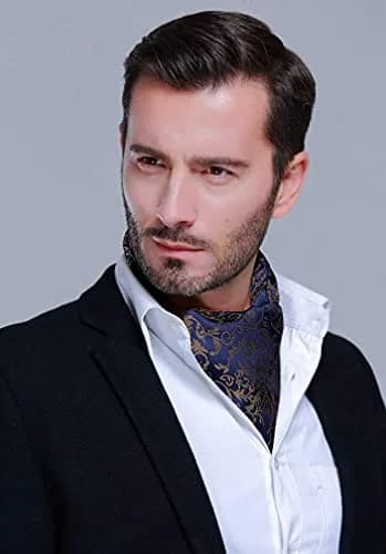 HISDERN Men's Floral Jacquard Woven Ascot Tie Set Navy Blue/Brown | 126cm (49.6") with Pocket Square thumbnail 2