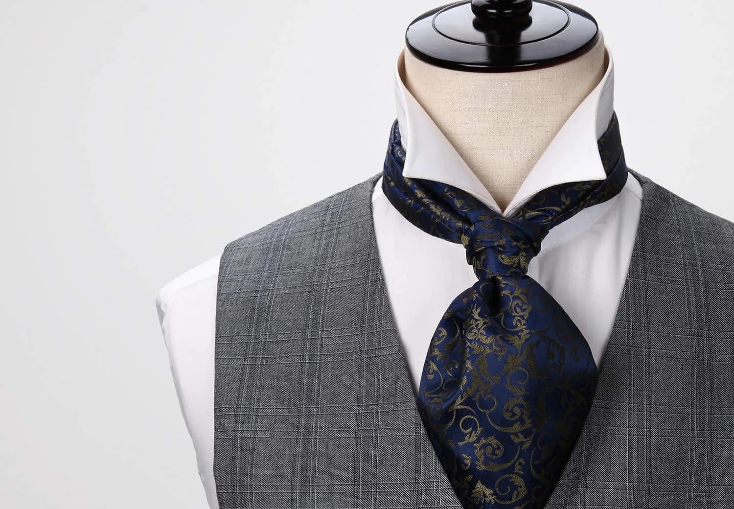 HISDERN Men's Floral Jacquard Woven Ascot Tie Set Navy Blue/Brown | 126cm (49.6") with Pocket Square - view 4
