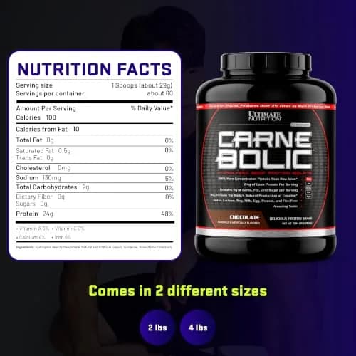 Ultimate Nutrition CarneBOLIC Beef Protein Isolate, Chocolate, 4 lb | Hydrolyzed Beef Protein for Muscle & Power thumbnail 7