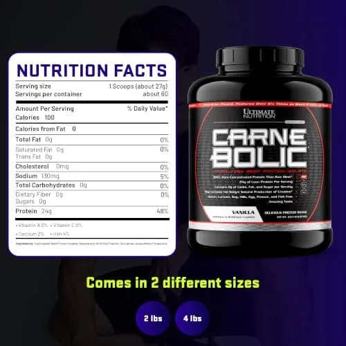 Ultimate Nutrition CarneBOLIC Hydrolyzed Beef Protein Isolate, Vanilla, 4 lb | 24g Protein, Dairy-Free, Zero Carb thumbnail 7