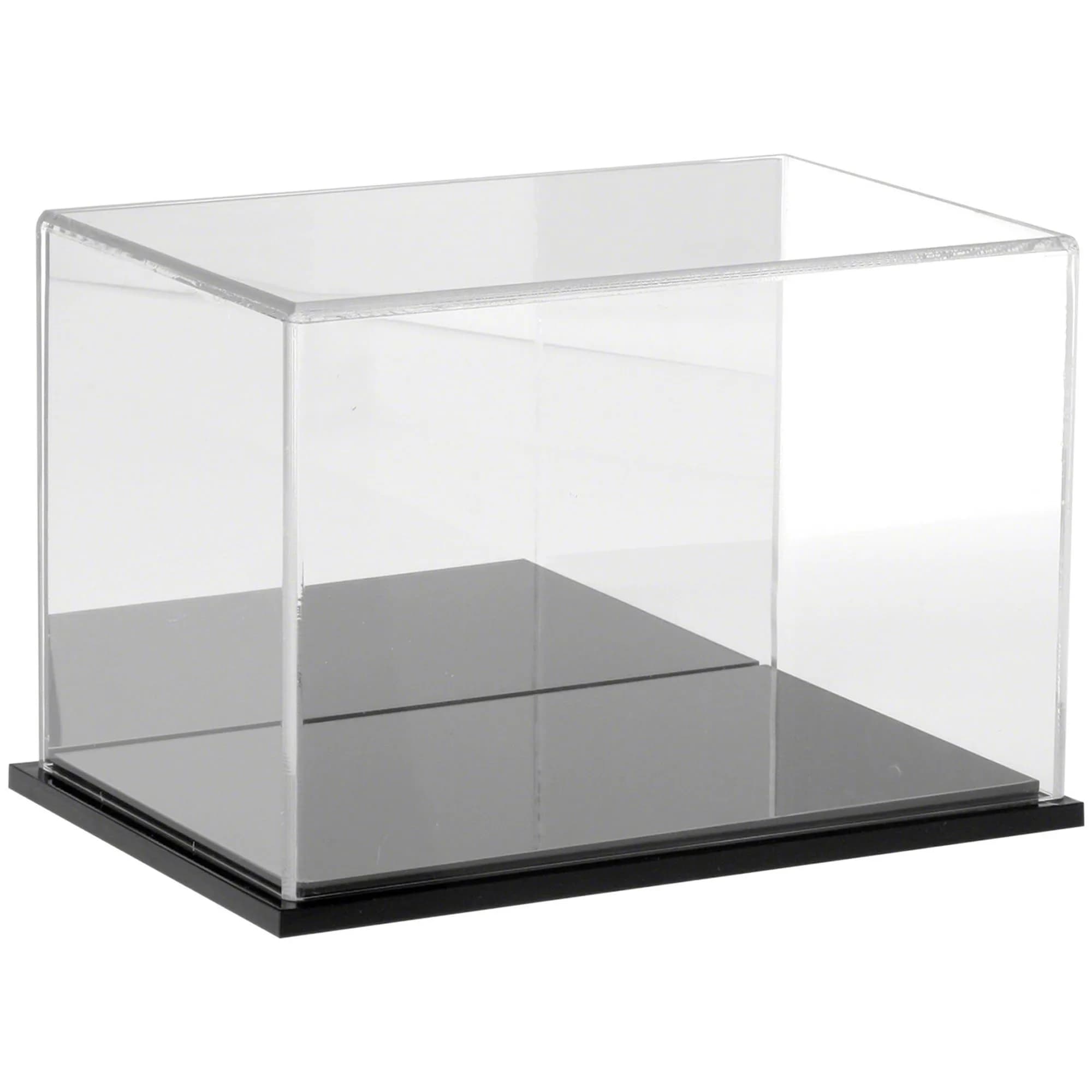 Plymor Clear Acrylic Display Case with Black Base (Mirror Back), 9" W x 6" D x 6" H | Modern showcase for collectibles