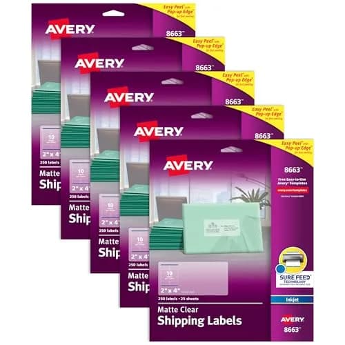 Avery Printable Shipping Labels with Sure Feed 2" x 4" | Customizable Matte Clear Labels for Mailing & Shipping thumbnail 1