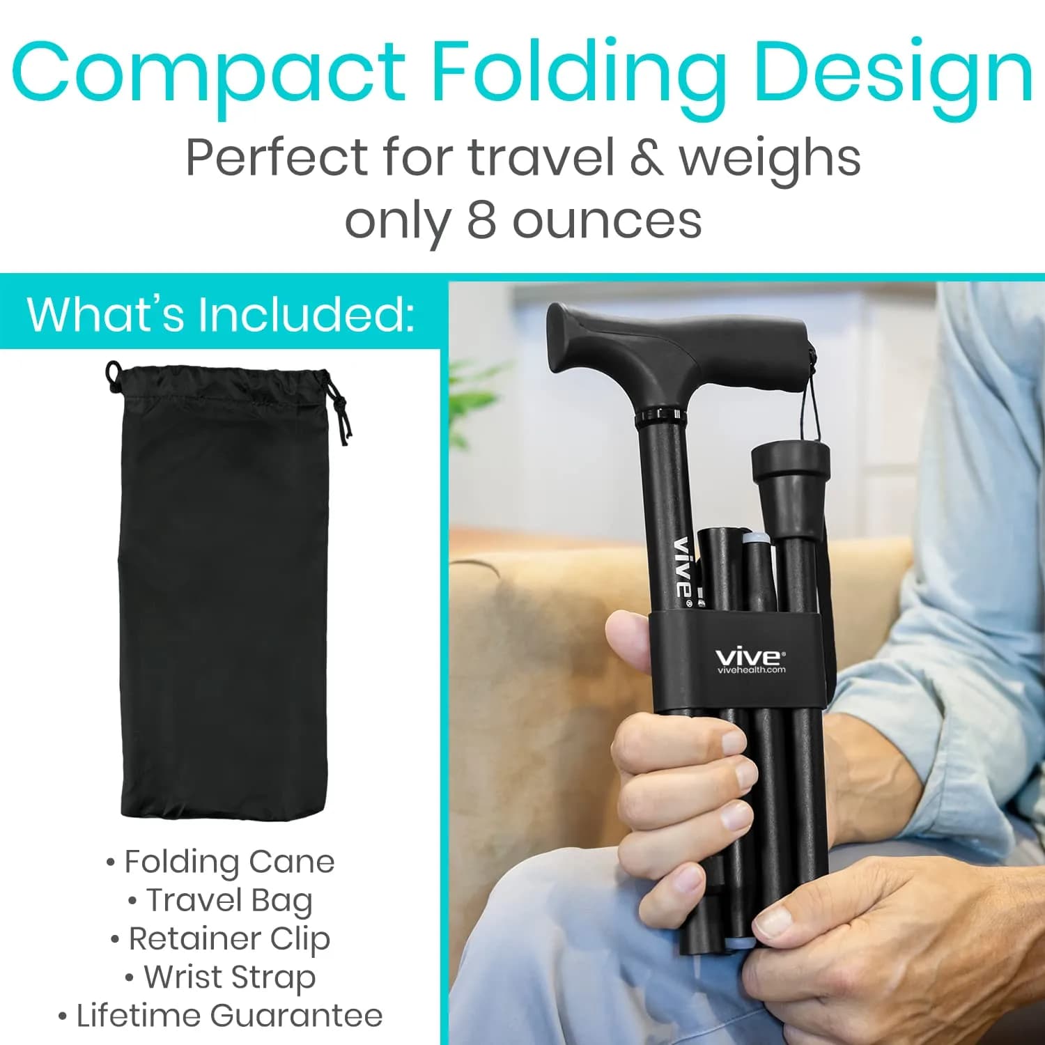 Vive Folding Cane - Adjustable Black Walking Cane for Men & Women, 33"-37", Lightweight Mobility Aid with Ergonomic Grip - view 2