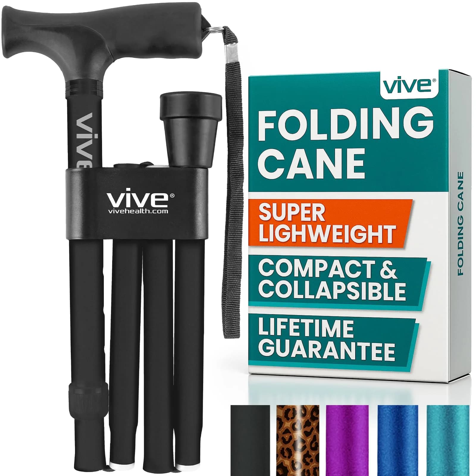 Vive Folding Cane - Adjustable Walking Cane for Men & Women, 33"-37", Purple | Lightweight Aluminum Mobility Aid with Ergonomic Grip & Non-Slip Tip — Black