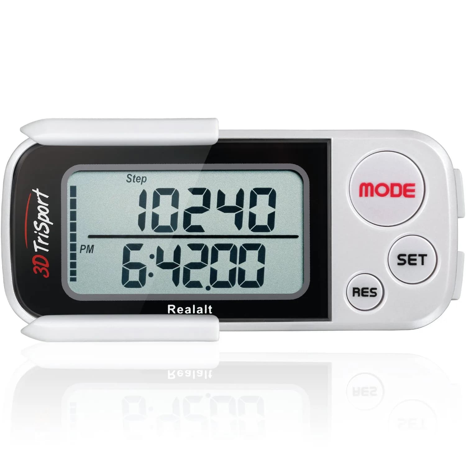 Realalt 3DTriSport 3D Pedometer White | Accurate Step Counter with 30-Day Memory, Distance in KM/Miles, Large Display - main product image