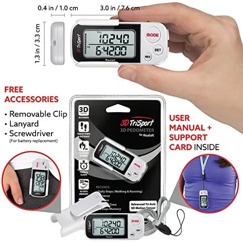 Realalt 3DTriSport 3D Pedometer White | Accurate Step Counter with 30-Day Memory, Distance in KM/Miles, Large Display thumbnail 4